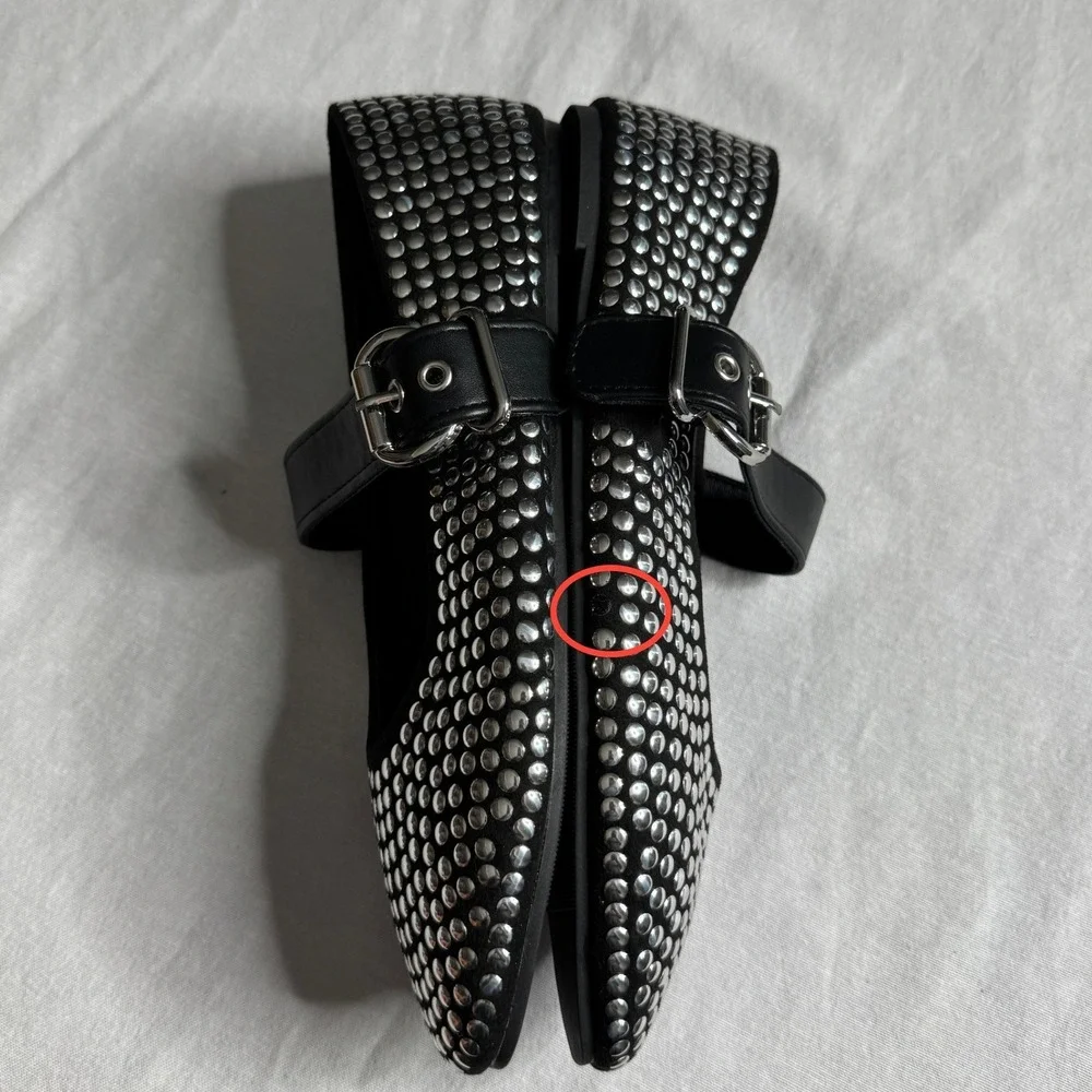 Studded Mary Jane Flats Black Silver Buckle Punk Ballerina Shoes Womens 37 6.5-7